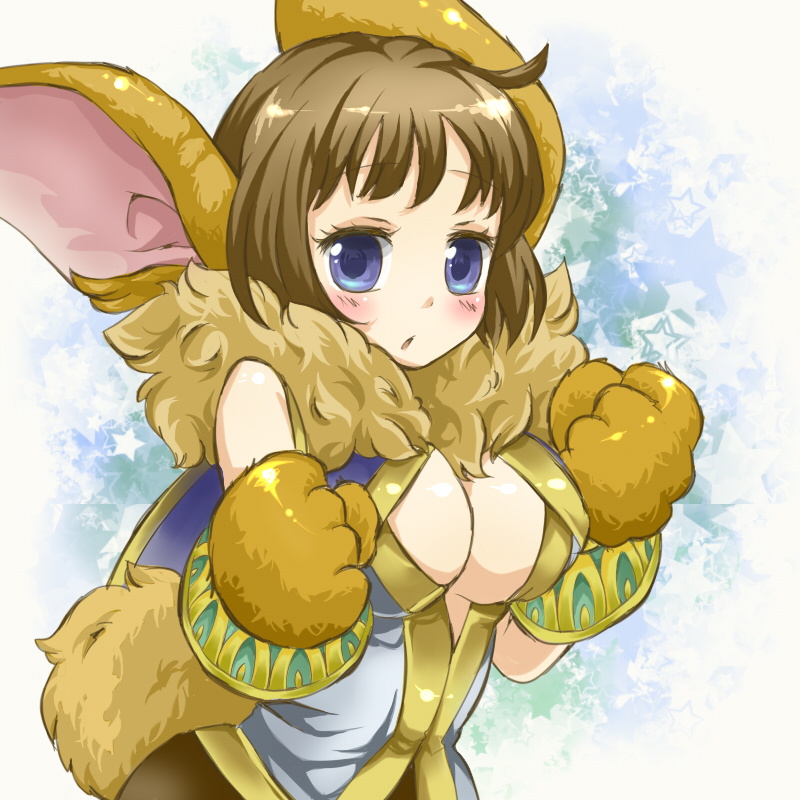 1girl animal_ears animal_hands blue_eyes blush breasts brown_hair center_opening chrono_(series) chrono_cross cleavage female_focus fur gradient_background janice janice_(chrono_cross) monster_girl peshu rabbit_ears rabbit_tail short_hair solo tail tamichan