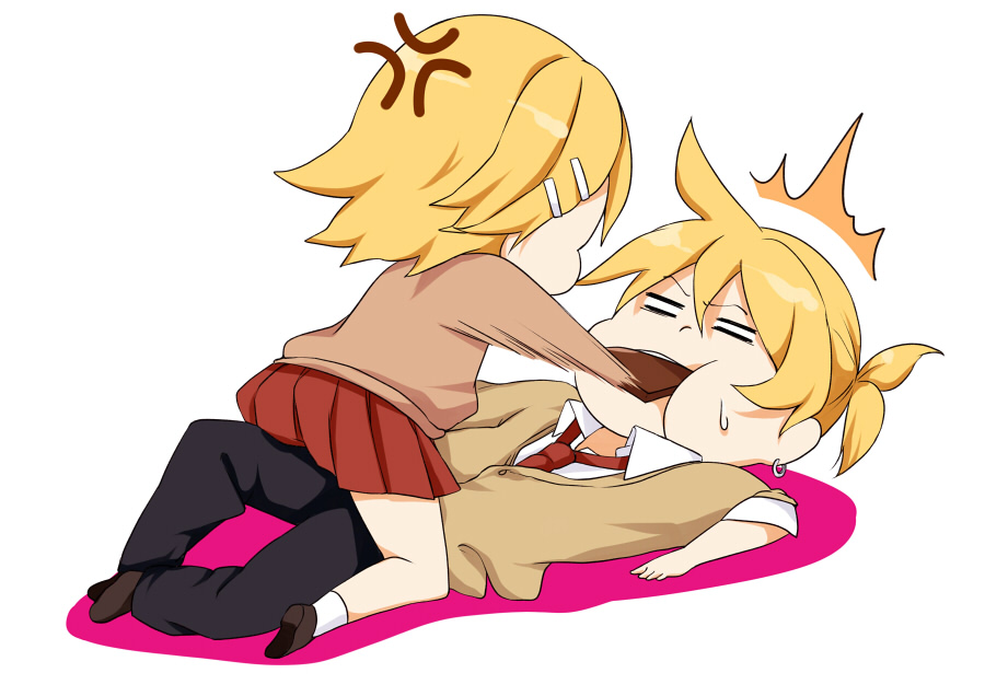 1boy 1girl blonde_hair bow hair_ornament hairclip hazuki_natsu kagamine_len kagamine_rin kusare_gedou_to_chokorewito_(vocaloid) necktie open_mouth ribbon shirt short_hair siblings skirt twins vocaloid