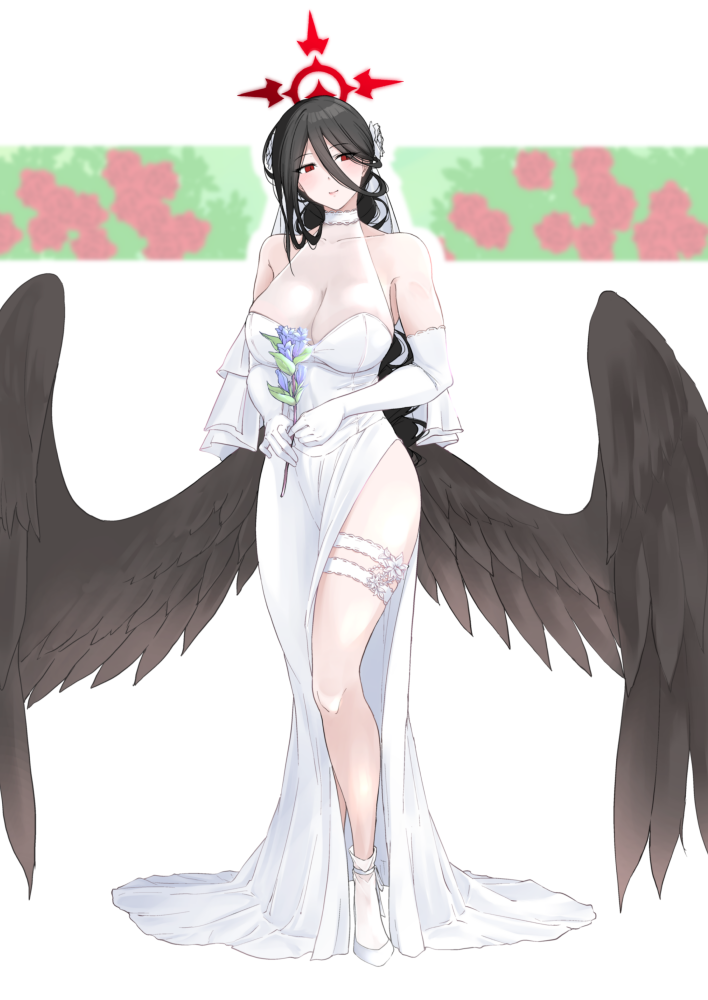 1girl alternate_costume black_hair black_wings blue_archive breasts cleavage commentary_request dress elbow_gloves feathered_wings flower full_body gloves hair_between_eyes halo hasumi_(blue_archive) holding holding_flower large_breasts light_smile long_hair long_hair_between_eyes looking_at_viewer see-through_cleavage see-through_clothes shoes sleeveless sleeveless_dress solo thigh_strap unabarasou very_long_hair wedding_dress white_dress white_gloves white_shoes wings
