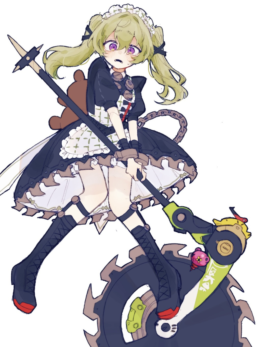 1girl apron black_boots black_dress black_ribbon blush boots charm_(object) circular_saw commentary_request corin_wickes dress frills full_body green_hair hair_ribbon highres holding holding_weapon knee_boots long_hair maid maid_headdress open_mouth puffy_sleeves purple_eyes ribbon saw short_sleeves siiaka023 simple_background solo stuffed_animal stuffed_toy tears teddy_bear twintails weapon white_background zenless_zone_zero