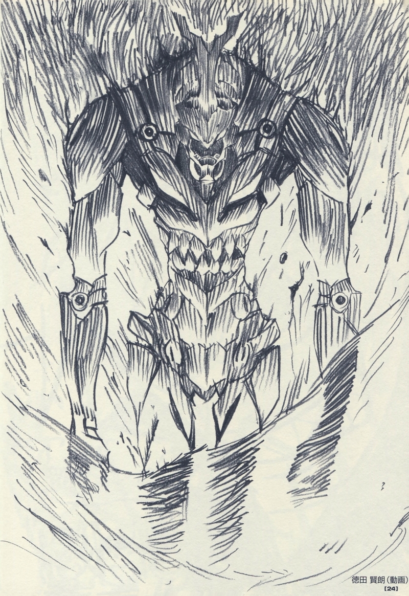 00s company_connection crossover eva_01 fusion gainax lazengann mecha neon_genesis_evangelion no_humans official_art robot scan sketch tengen_toppa_gurren_lagann