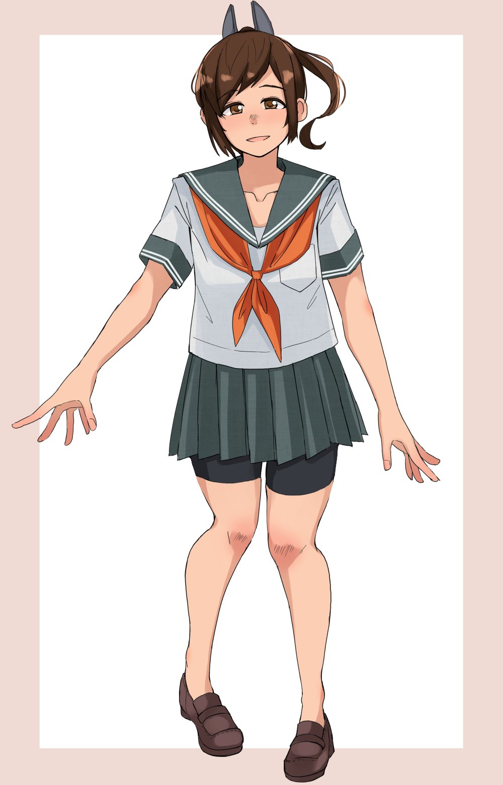 1girl alternate_costume bike_shorts bike_shorts_under_skirt border breasts brown_eyes brown_hair brown_shoes full_body grey_sailor_collar grey_skirt highres i-401_(kancolle) kantai_collection loafers looking_at_viewer medium_breasts mori_tarou neckerchief no_socks orange_neckerchief outside_border ponytail purple_border sailor_collar sailor_shirt school_uniform serafuku shirt shoes short_sleeves shorts shorts_under_skirt skirt solo summer_uniform white_background white_shirt