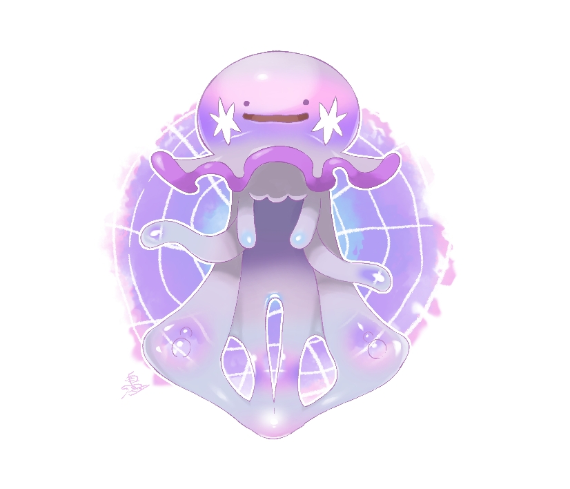 ._. animal_focus artist_name ditto floating full_body fusion gen_1_pokemon gen_7_pokemon happy nihilego nintendo no_humans open_mouth outline pokemon pokemon_(creature) purple_background purple_eyes s_(esumi_kihomaru) signature smile solo straight-on tentacles ultra_beast white_outline