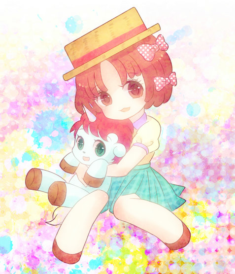 1980s_(style) 1boy 1girl ahodura black_jack_(series) child crossover hug retro_artstyle pinoko red_eyes red_hair retro_artstyle short_hair sitting skirt smile unico unico_(character) unicorn