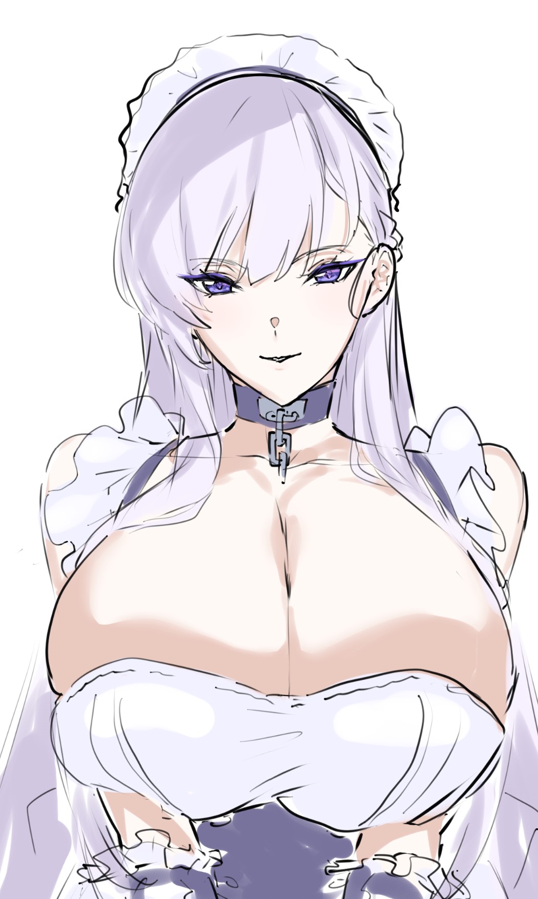 1girl apron azur_lane bare_shoulders belfast_(azur_lane) breasts bursting_breasts chain choker cleavage cleavage_cutout clothing_cutout collarbone detached_sleeves hair_between_eyes highres huge_breasts long_hair looking_at_viewer maid maid_apron maid_headdress mogi_yasunobu purple_eyes simple_background solo upper_body white_background