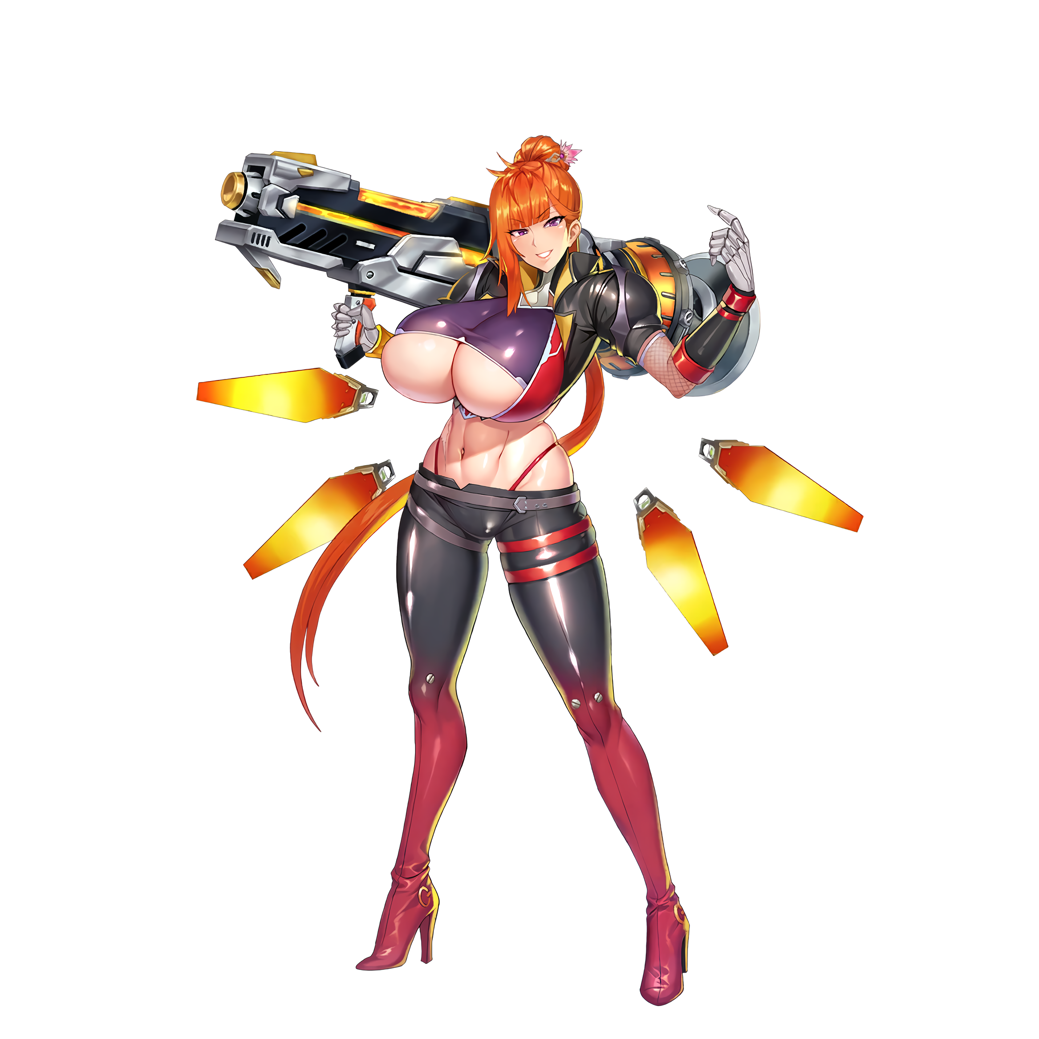 1girl action_taimanin bazooka breasts bush cigarette cinders cleavage cleavage_cutout clothing_cutout collared_jacket curvy drone fire framed_breasts full_body gloves grass hair_ornament halterneck high_heels highleg highleg_panties highres holding holding_weapon huge_breasts jacket kamimura_maika kamimura_maika_(future) lilith-soft lips long_hair looking_at_viewer midriff navel official_art orange_hair panties pants ponytail purple_eyes rocket_launcher scar shiny_clothes shiny_skin sian simple_background skin_tight skindentation solo standing string_panties taimanin_(series) taimanin_rpgx thong underwear vambraces very_long_hair weapon white_background wide_hips