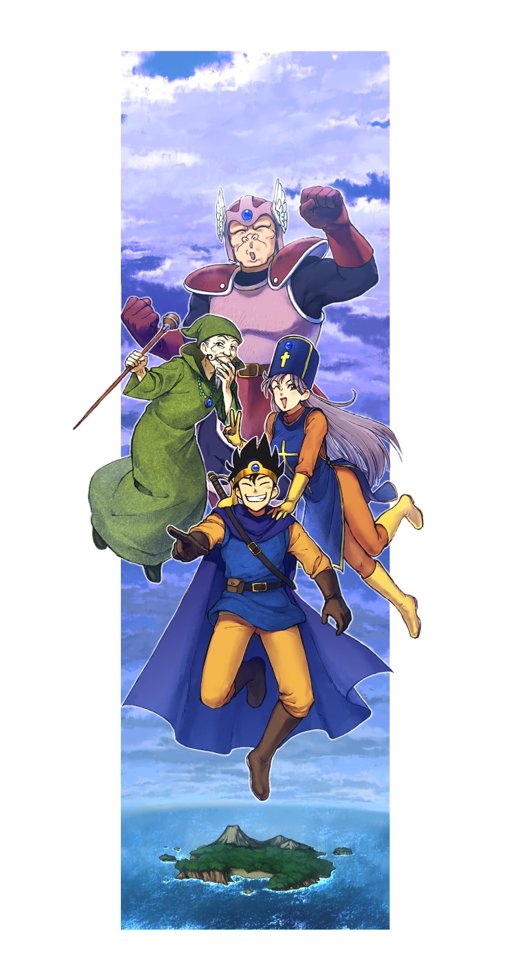 1girl 3boys ^_^ armor belt belt_buckle belt_pouch black_eyes black_hair blue_sky blue_tunic boots border brown_belt brown_eyes brown_gloves buckle cape character_request circlet closed_eyes cloud commentary_request day dragon_quest dragon_quest_dai_no_daibouken closed_eyes facial_hair gloves goatee green_headwear grin hat helmet highres holding island jewelry knee_boots long_hair long_sleeves moryo mountain multiple_boys mustache necklace ocean open_mouth orange_pants outdoors outline outside_border pants pointing pouch red_armor red_gloves retro_artstyle shoulder_armor sky smile staff sword tabard tunic water weapon white_border white_outline winged_helmet