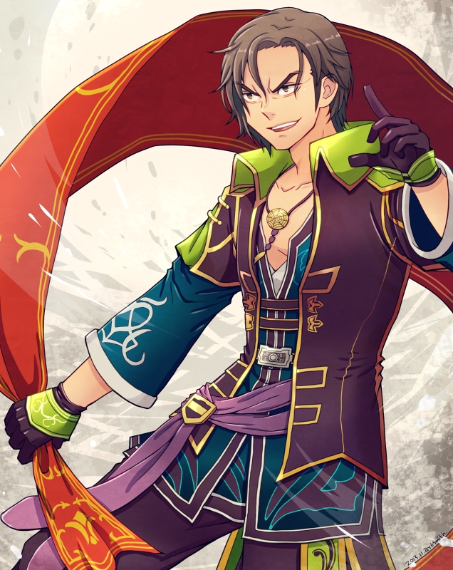 1boy brown_hair fa_zheng gloves jewelry male_focus necklace open_mouth shin_sangoku_musou solo