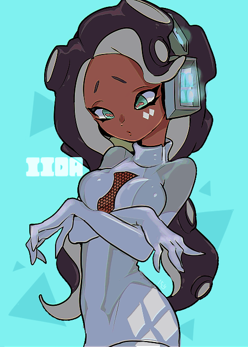 1girl aqua_eyes arms_under_breasts blue_background blue_bodysuit bodysuit breasts brown_hair cephalopod_eyes character_name cleavage_cutout closed_mouth clothing_cutout commentary_request crossed_arms dark-skinned_female dark_skin fingernails headphones horizontal_pupils imaikuy0 long_hair long_sleeves looking_down marina_(splatoon) marina_(team_order)_(splatoon) nintendo octoling official_alternate_costume parted_bangs pink_pupils sharp_fingernails solo splatoon_(series) splatoon_2 tentacle_hair