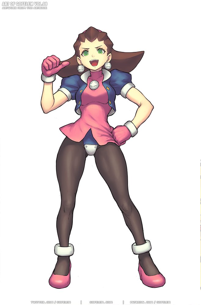 1girl artist_name black_pantyhose breasts brown_hair buttons commentary covered_collarbone cropped_jacket crotch_plate earrings gloves gofelem green_eyes hair_pulled_back hand_on_own_hip jacket jewelry leotard leotard_under_clothes long_hair medium_breasts mega_man_(series) mega_man_legends_(series) open_clothes open_jacket open_mouth pantyhose pink_gloves pink_shoes shoes short_sleeves skin_tight smile solo tron tron_bonne_(mega_man) turtleneck white_background