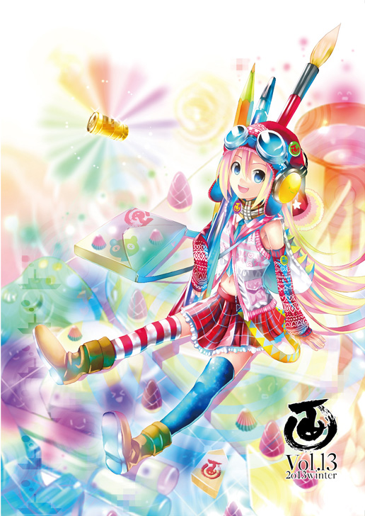 1girl 2013 :d asymmetrical_legwear bad_id badge blonde_hair blue_eyes blue_necktie blue_thighhighs boots brown_boots button_badge colorful commentary_request detached_sleeves goggles goggles_on_head hair_between_eyes hat headphones headphones_over_headwear horizontal-striped_thighhighs kei_(keigarou) long_hair long_sleeves miniskirt mismatched_legwear navel necktie open_mouth original paintbrush pencil pleated_skirt red_hat red_skirt red_sleeves shirt sitting skirt smile solo striped_clothes striped_thighhighs teeth thighhighs upper_teeth_only white_shirt zettai_ryouiki