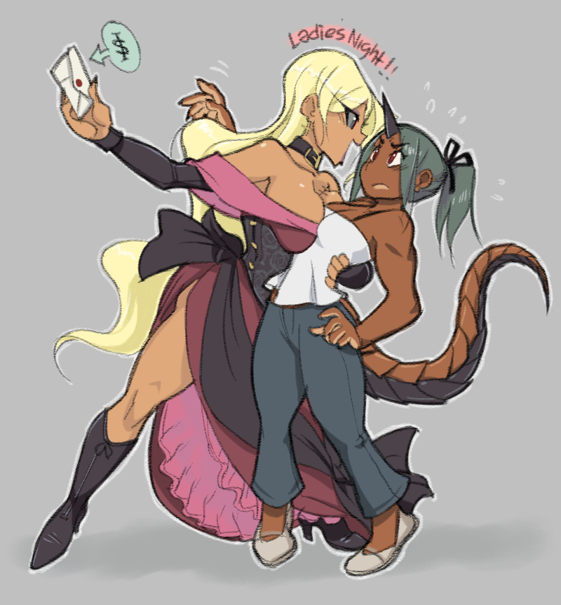 00s 2girls ari_laharis arm_around_waist asymmetrical_docking bare_shoulders basilisk blonde_hair boots breast_press breasts collar colored_sclera crybringer dancing dark_skin dark-skinned_female demon_mages detached_sleeves dress eyebrows fingernails snake_hair grey_background grey_hair grey_sclera height_difference horns large_breasts letter long_hair multiple_girls off_shoulder pants ponytail purple_dress red_eyes scar sharp_fingernails side_slit single_horn small_breasts spaghetti_strap tail very_long_hair ziggy_kakziga