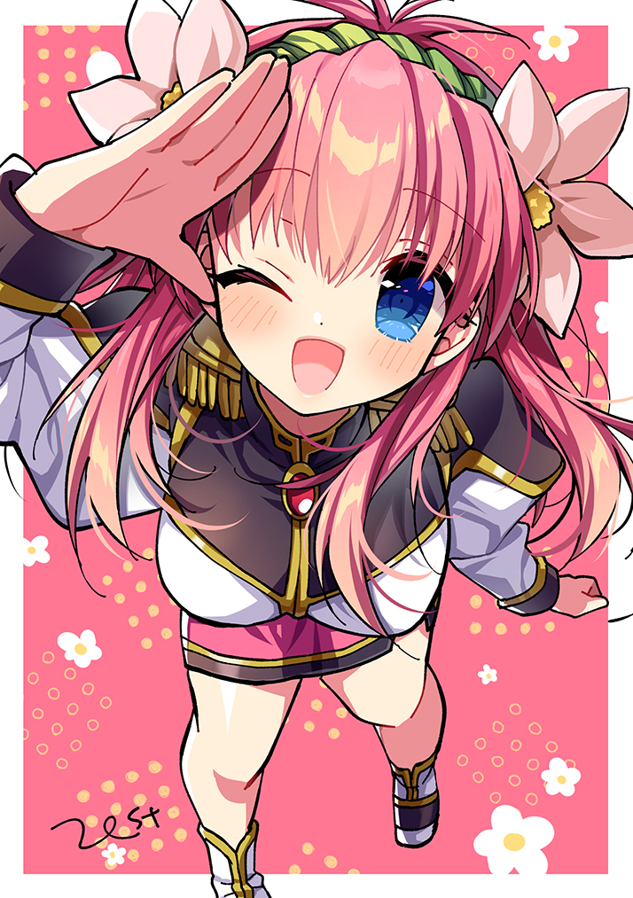 1girl blue_eyes blush breasts commentary_request flower galaxy_angel hair_between_eyes hair_flower hair_ornament headband looking_at_viewer medium_breasts milfeulle_sakuraba military_uniform one_eye_closed open_mouth pink_background salute shoes simple_background solo zest_(lossol)