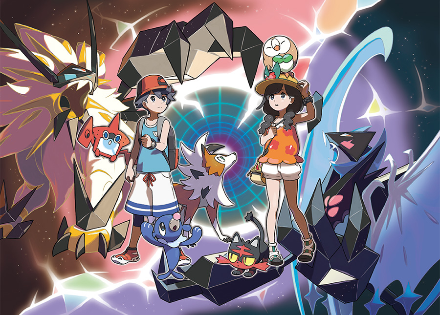1boy 1girl armor black_bag black_eyes black_hair blue_eyes blue_legwear blue_shirt braid brown_bag claws closed_eyes colored_sclera creature_on_head dawn_wings_necrozma dusk_mane_necrozma fangs floral_print fur gen_4_pokemon gen_7_pokemon grey_hair hat leg_warmers legendary_pokemon leggings litten long_hair lycanroc lycanroc_(dusk) necrozma necrozma_(dawn_wings) necrozma_(dusk_mane) nintendo official_art open_mouth orange_shirt pants parted_lips poke_ball_print pokemon pokemon_(creature) pokemon_usum popplio print_headwear print_shirt red_eyes red_footwear red_hat rotom rotom_dex rowlet sandals shirt shoes short_shorts shorts sky sleeveless sleeveless_shirt sneakers star_(sky) starry_sky starter_pokemon_trio twin_braids white_footwear white_pants white_shorts yellow_hat yellow_sclera z-ring
