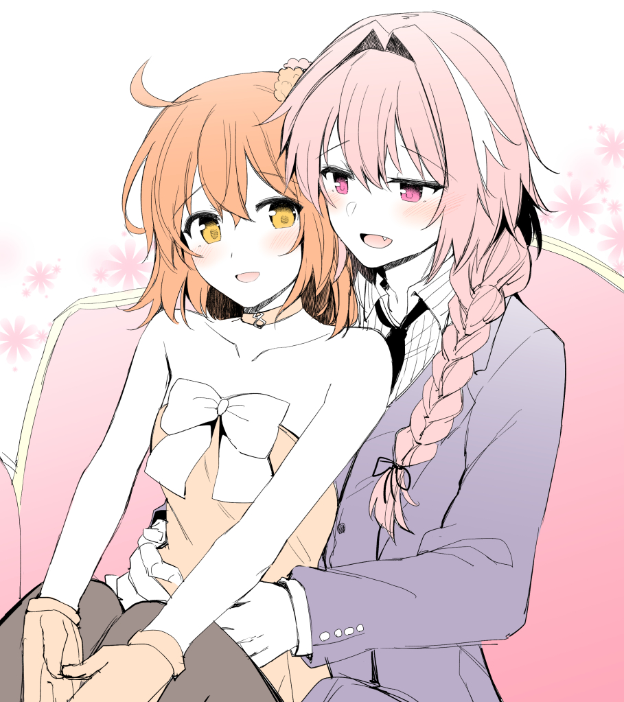 1boy 1girl ahoge alternate_costume astolfo_(fate) black_bow black_necktie black_ribbon blush bow braid couch dress fang fate/grand_order fate_(series) flower formal_clothes fujimaru_ritsuka_(female) fujimaru_ritsuka_(female)_(starlight_fest) gloves hair_between_eyes hair_intakes hair_ornament hair_ribbon hair_scrunchie hands_on_another&#039;s_hips hug jacket long_braid looking_at_another multicolored_hair necktie official_alternate_costume open_mouth orange_dress orange_eyes orange_hair pantyhose pink_hair ribbon rui_shi_(rayze_ray) scrunchie shirt single_braid sitting sitting_on_lap sitting_on_person sketch strapless strapless_dress streaked_hair striped_clothes striped_shirt suit suit_jacket trap white_background white_hair white_ribbon white_shirt