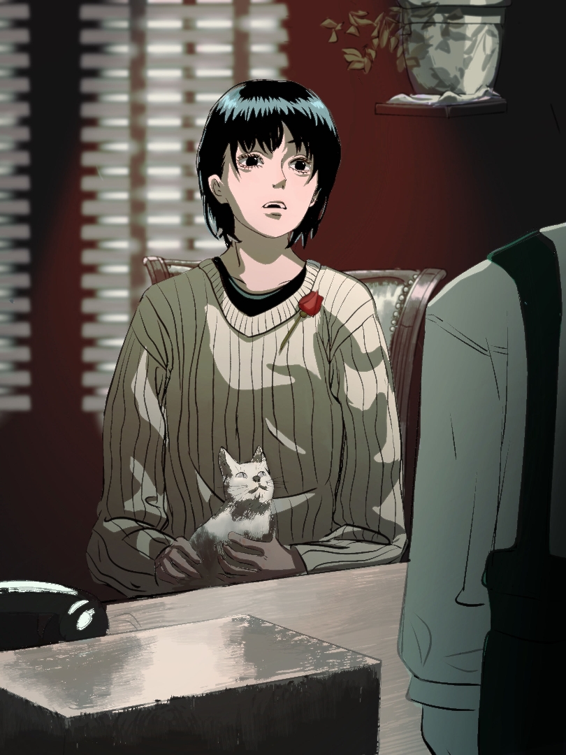1girl 1other black_eyes black_hair cat chainsaw_man chair desk flower mitaka_asa plant potted_plant red_flower red_rose rose scene_reference shirt short_hair sitting solo_focus sweater the_godfather white_shirt white_sweater window window_blinds yao_liao_wang