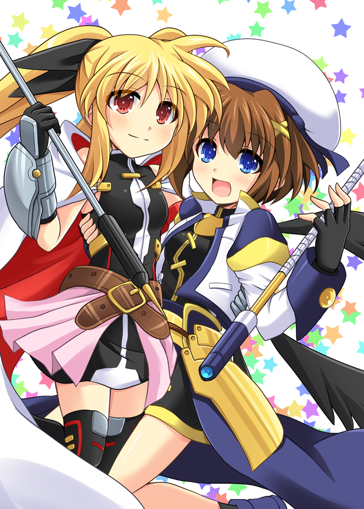 2girls bardiche_(nanoha) blonde_hair blue_eyes brown_hair cross_(crossryou) fate_testarossa fate_testarossa_(blaze_form) fingerless_gloves gloves long_hair lyrical_nanoha multiple_girls red_eyes schwertkreuz short_hair yagami_hayate