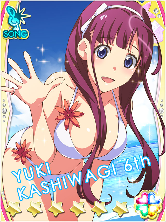 1girl :d akb0048 bikini blue_eyes breasts card_(medium) character_name cleavage cloud collarbone cowboy_shot cumulonimbus_cloud dutch_angle fanged_bangs hairband halterneck heart kashiwagi_yuki_(akb0048) leaning_forward long_hair looking_at_viewer navel non-web_source ocean official_art open_mouth outdoors purple_hair smile solo sparkle standing star_(symbol) string_bikini summer swimsuit waving white_bikini white_hairband