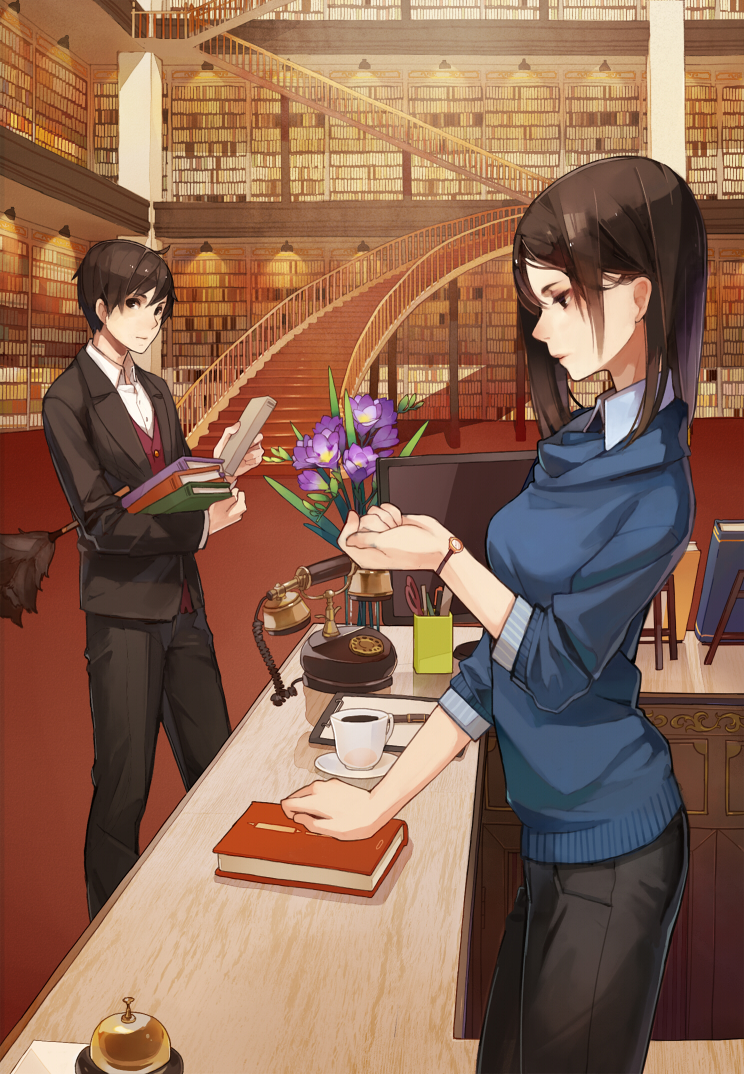 1boy 1girl antique_phone bad_perspective black_eyes book brown_hair cover cover_page cup duster artistic_error hanzaisha_shokan_alexandria library long_hair mmlu_(honwa_karesu) phone rotary_phone short_hair stairs standing sweater teacup watch wristwatch