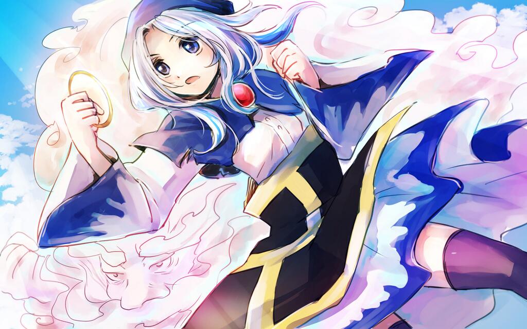 1girl black_thighhighs blue_eyes blue_hair cloud dress hood jewelry kesa kumoi_ichirin makuwauri md5_mismatch resized ring sky thighhighs touhou unzan