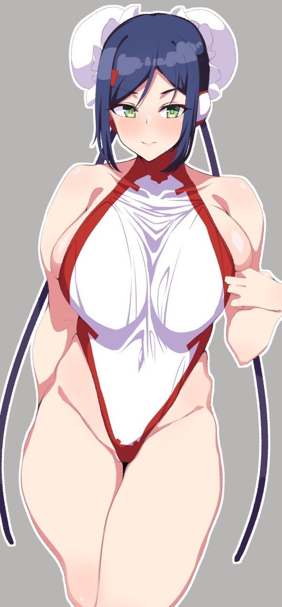 1girl adjusting_clothes android arcana_heart blue_hair blush breasts double_bun embarrassed green_eyes hair_bun highleg highleg_leotard highres huge_breasts large_breasts leotard looking_at_viewer mei-fang multicolored_leotard red_leotard shrug_(clothing) thick_thighs thighhighs thighs two-tone_leotard white_leotard