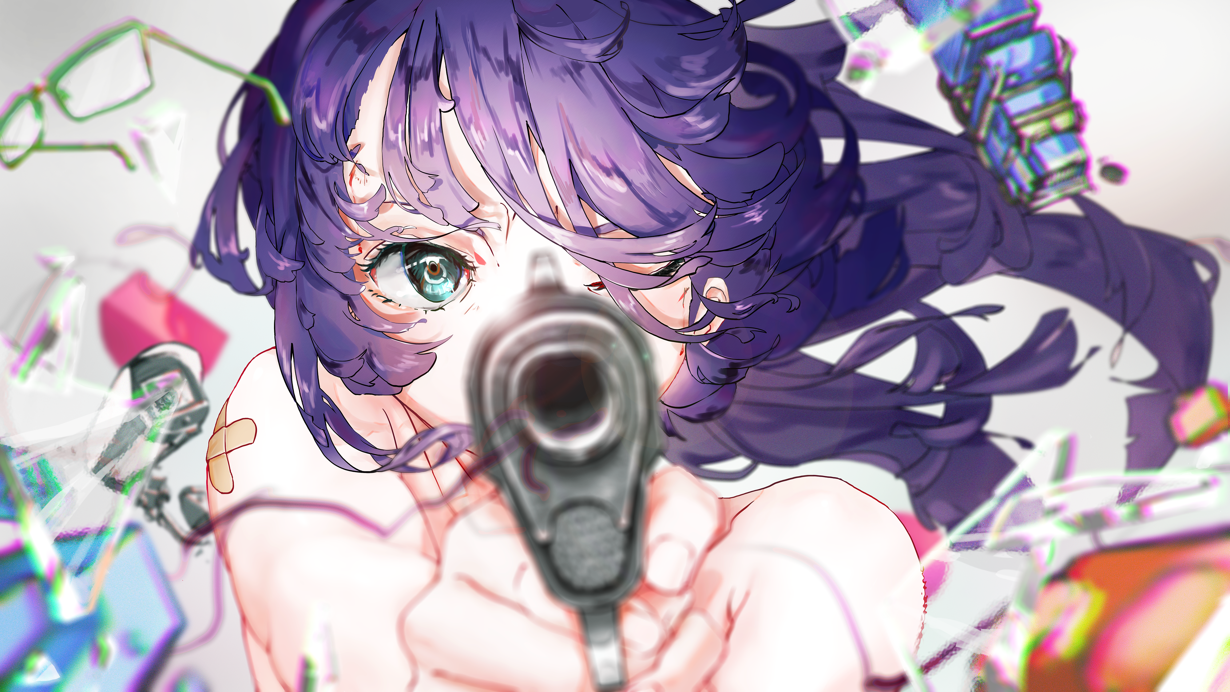 1girl absurdres bandaid bandaid_on_shoulder commentary english_commentary floating_hair glaw green-framed_eyewear gun highres holding holding_gun holding_weapon long_hair one_eye_closed original purple_hair security_camera solo toy_truck weapon