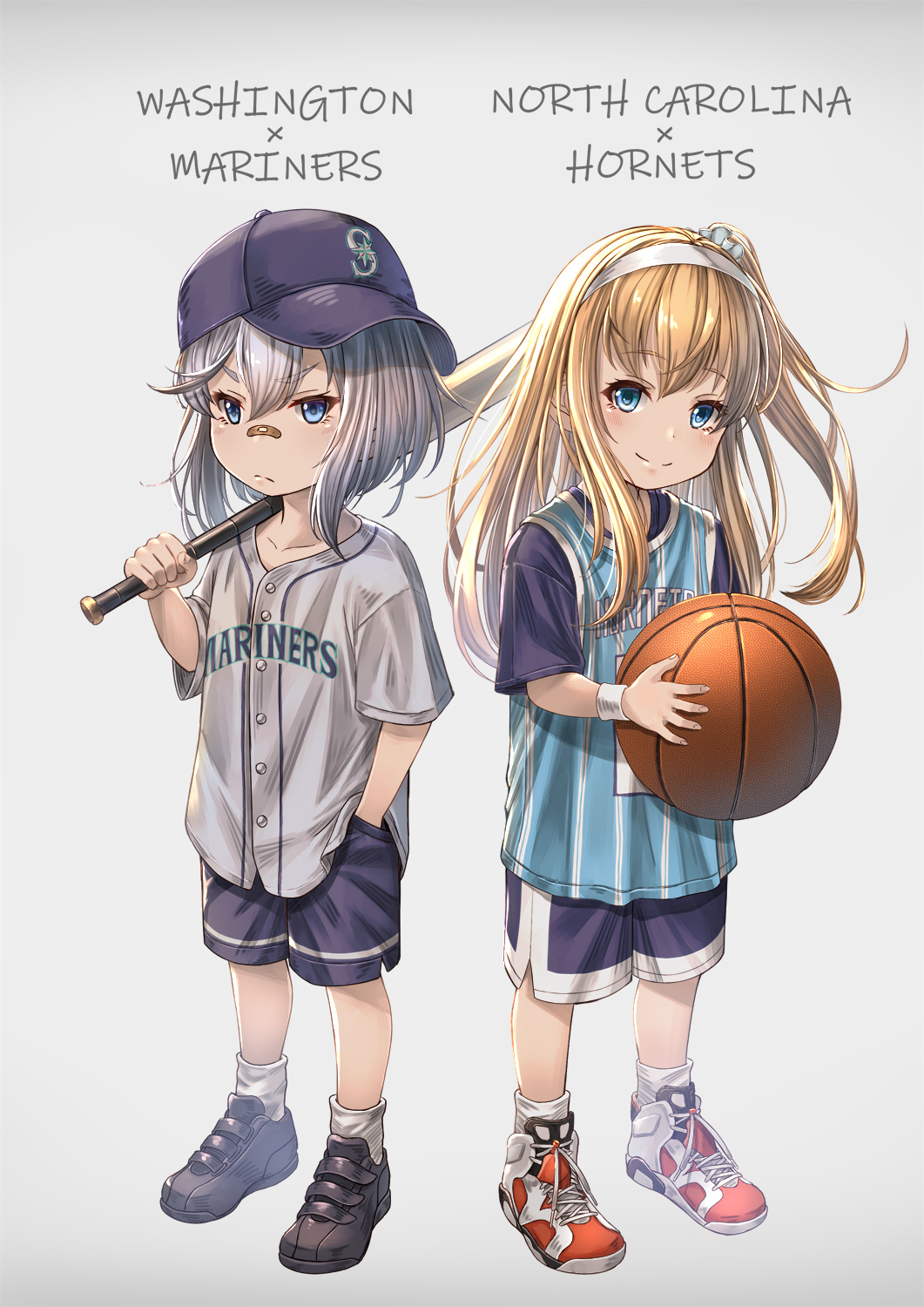 2girls aged_down air_jordan air_jordan_6 ankle_socks azur_lane ball bandaid bandaid_on_face bandaid_on_nose baseball baseball_bat baseball_cap baseball_jersey basketball basketball_(object) basketball_jersey black_shoes blonde_hair blue_eyes blue_headwear blue_shirt blue_shorts charlotte_hornets closed_mouth clothes_writing collarbone commentary_request frown full_body hair_between_eyes hairband hand_in_pocket hat highres holding holding_baseball_bat jersey layered_shirt long_hair looking_at_viewer multiple_girls national_basketball_association north_carolina_(azur_lane) one_side_up over_shoulder partial_commentary red_shoes seattle_mariners shirt shoes short_hair short_sleeves shorts sidelocks sideways_hat silver_hair simple_background smile sneakers socks solo standing washington_(azur_lane) white_background white_hairband white_shirt white_socks wristband yakkuro