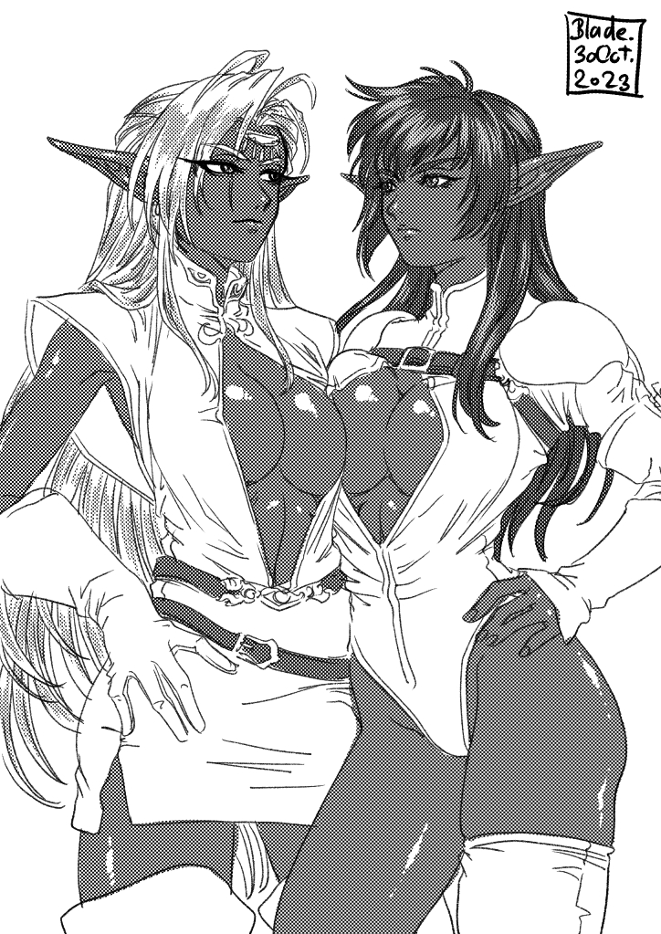 2girls arshes_nei bastard!! blade_of_fury breast_press breasts center_opening cleavage_cutout clothing_cutout dark-skinned_female dark_elf dark_skin elf gloves greyscale head_chain highleg jewelry large_breasts long_hair miniskirt monochrome multiple_girls pirotess pointy_ears record_of_lodoss_war screentones skirt thighhighs zettai_ryouiki