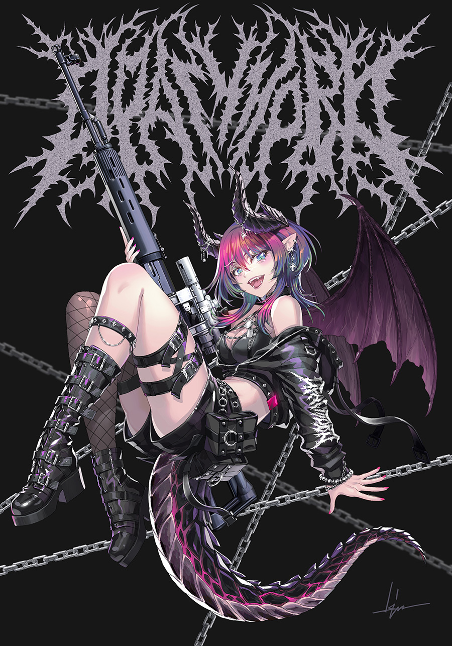 1girl asymmetrical_legwear black_background black_boots black_bra black_hoodie boots bra chain dog_tags dragon_girl dragon_horns dragon_tail dragunov_svd fishnet_pantyhose fishnets gun highres hood hoodie horns kws military original pantyhose punk rifle sniper_rifle solo tail underwear weapon wings