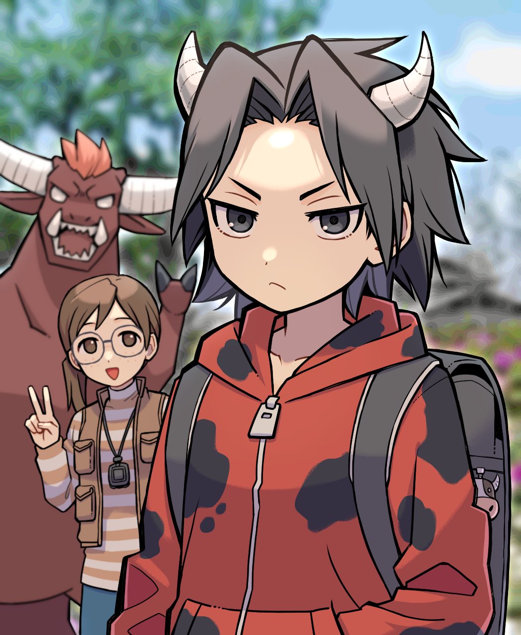 1boy 1girl ace_attorney ace_attorney_investigations ace_attorney_investigations_2:_prosecutor&#039;s_gambit aizawa_shimon backpack bag bag_charm black_hair blue_sky blurry blurry_background brown_hair brown_vest charm_(object) day glasses highres hood hooded_jacket jacket lanyard long_sleeves looking_at_viewer numae_kaeru outdoors penny_nichols pocket red_jacket shirt side_ponytail sky striped_clothes striped_shirt upper_body v vest zipper