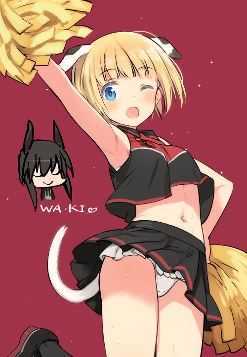 2girls 504th_joint_fighter_wing 504th_joint_fighter_wing_(emblem) animal_ears arm_up blonde_hair blue_eyes cheerleader chibi dog_ears dog_tail dominica_s._gentile hand_on_own_hip head_wings jane_t._godfrey jumping multiple_girls non-web_source official_art one_eye_closed panties pom_pom_(cheerleading) shimada_fumikane smile strike_witches:_kurenai_no_majo-tachi sweat tail underwear wings world_witches_series
