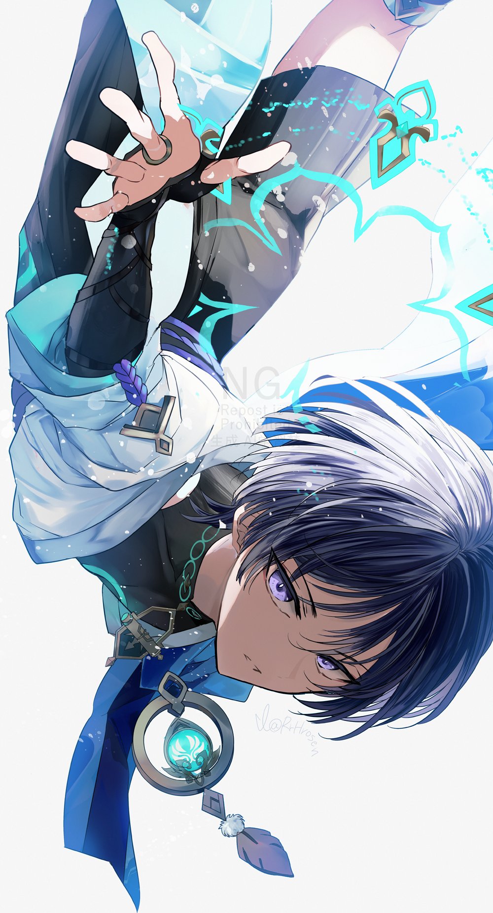 1boy anemo_symbol_(genshin_impact) arm_up armor asrhion black_bodysuit black_bridal_gauntlets black_hair black_shorts blue_gemstone blue_sleeves blunt_ends bodysuit bridal_gauntlets bright_pupils eyeliner eyeshadow feathers foreshortening from_below furisode gem genshin_impact glowing_markings gold gold_ring hakama hakama_shorts highres japanese_armor japanese_clothes kimono kote kurokote layered_sleeves looking_at_viewer makeup male_focus middle_ring open_clothes open_hand open_kimono open_mouth pleated_shorts pom_pom_(clothes) purple_eyes purple_rope red_eyeliner red_eyeshadow rope scaramouche_(genshin_impact) short_sleeves shorts shoulder_peek slit_pupils solo tsurime twitter_username upside-down vision_(genshin_impact) wanderer_(genshin_impact) white_kimono white_pupils white_sleeves yellow_feathers