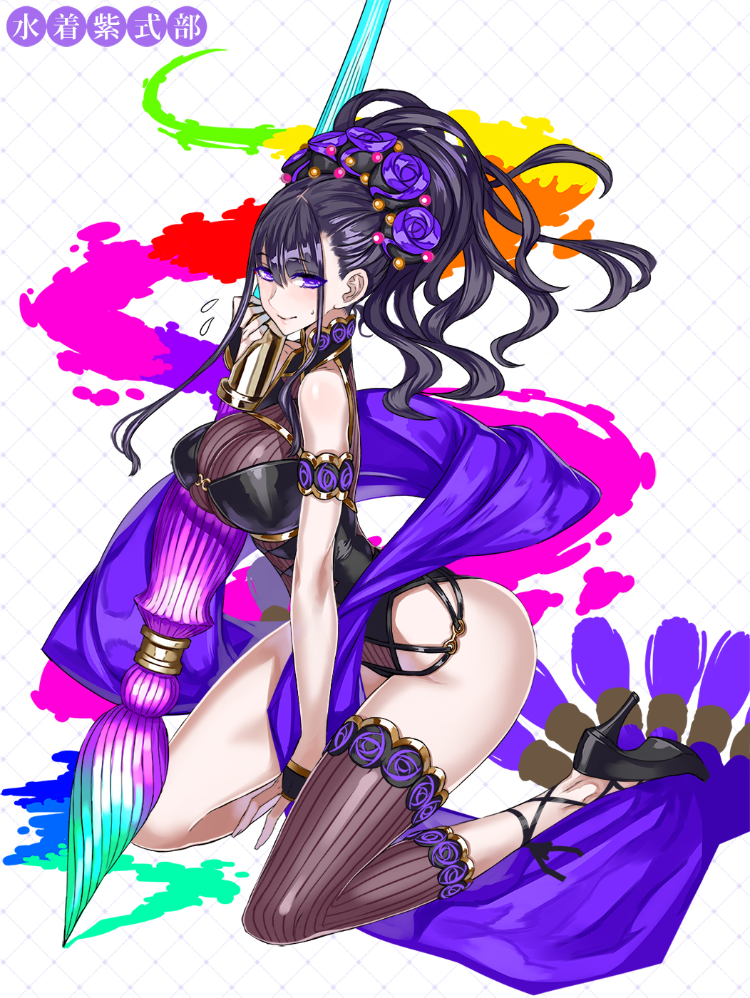 1girl bare_shoulders black_footwear black_gloves black_one-piece_swimsuit blush breasts closed_mouth fate/grand_order fate_(series) fingerless_gloves flower gloves gold_trim hair_flower hair_ornament hair_up half_gloves highleg highleg_one-piece_swimsuit highres honjou_raita kneeling large_breasts legs long_hair looking_at_viewer murasaki_shikibu_(fate) murasaki_shikibu_(swimsuit_rider)_(fate) murasaki_shikibu_(swimsuit_rider)_(first_ascension)_(fate) official_art one-piece_swimsuit oversized_object pen purple_eyes purple_hair shawl simple_background single_thighhigh smile swimsuit thighhighs white_background