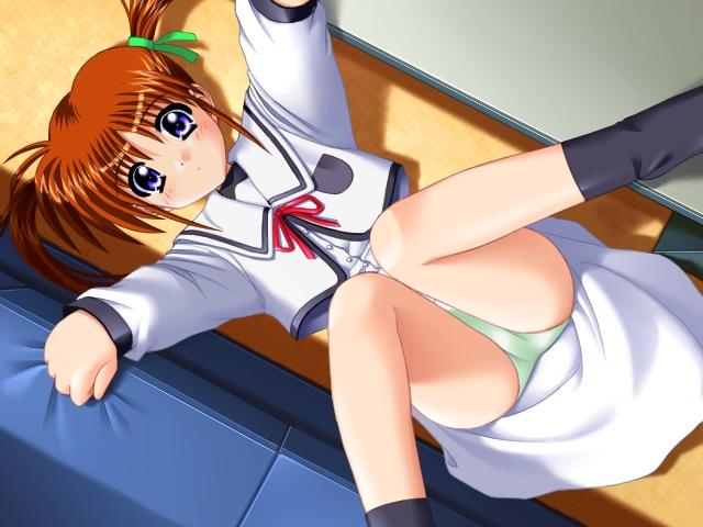 00s 1girl black_socks blue_eyes blush brown_hair dress female_focus game_cg green_panties hair_ribbon legs_up lying lyrical_nanoha on_back panties pantyshot purple_eyes ribbon short_hair short_twintails socks solo takamachi_nanoha triangle_heart triangle_heart_3 triangle_hearts tsuzuki_maki twintails underwear white_dress