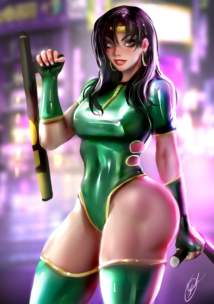 1girl ass black_hair black_orchid breasts brown_eyes earrings fingerless_gloves gloves highres huge_ass jewelry killer_instinct large_breasts leotard lips long_hair onishinx short_sleeves