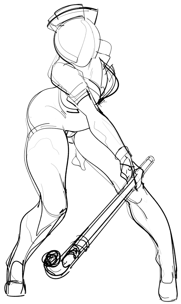 1girl breasts bubble_head_nurse cleavage faceless faceless_female gloves hat holding holding_weapon large_breasts monochrome monster_girl no_eyes nurse nurse_(silent_hill) nurse_cap silent_hill silent_hill_(series) silent_hill_2 simple_background sketch solo watatanza weapon wet wet_clothes white_gloves