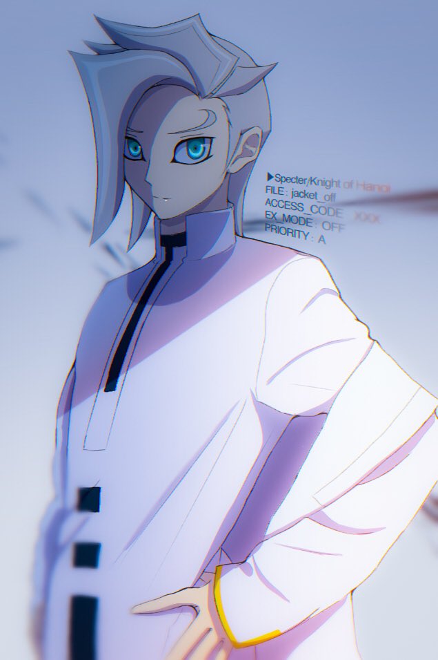 1boy arm_at_side atltax_00 black_trim blonde_hair blue_eyes coat coat_on_shoulders dappled_sunlight english_text face_in_shadow facing_to_the_side hand_on_own_hip in_shadow light_particles looking_at_viewer male_focus paint_splatter parted_bangs popped_collar shirt spectre_(yu-gi-oh!) sunlight unworn_coat white_background white_coat white_shirt yellow_trim yu-gi-oh! yu-gi-oh!_vrains