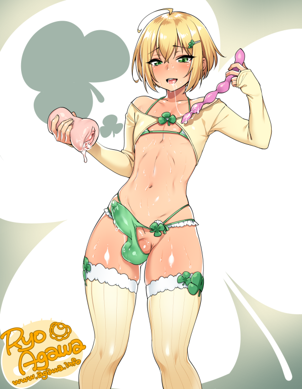 1boy agawa_ryou ahoge anal_beads artificial_vagina bad_id bad_tumblr_id bikini bikini_under_clothes blonde_hair blush bulge clover commentary cowboy_shot crossdressing crossdressing_(mtf) cum detached_sleeves erection erection_under_clothes green_bikini green_eyes hair_between_eyes hair_ornament highleg highleg_bikini male_focus navel original penis precum saint_patrick&#039;s_day saliva saliva_trail sex_toy shamrock shiny_skin short_hair solo standing striped_clothes striped_thighhighs sweat swimsuit testicles thighhighs trap vertical-striped_clothes vertical-striped_thighhighs