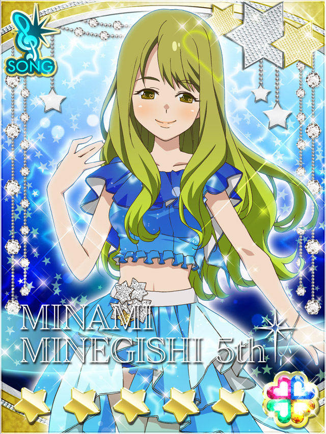 1girl akb0048 blue_background blue_shirt blue_skirt bracelet card_(medium) character_name closed_mouth collarbone cowboy_shot cropped_shirt green_eyes green_hair hand_up heart idol_clothes jewelry long_hair looking_at_viewer minamino_mikako non-web_source official_art shirt skirt smile solo sparkle standing star_(symbol) treble_clef wavy_hair