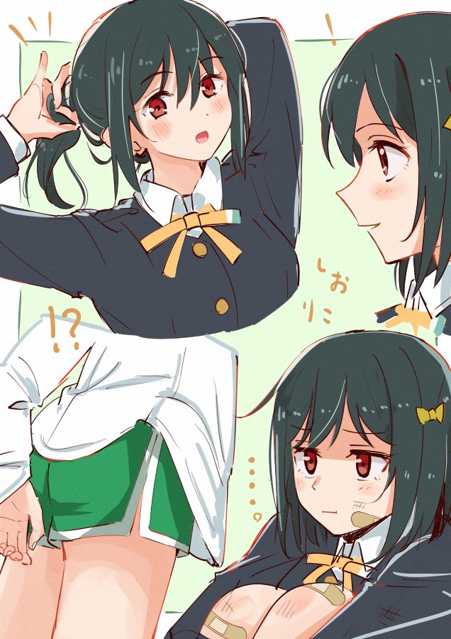 ! !? ... 1girl :d :i arms_up ass bandaid bandaid_on_face bandaid_on_knee bandaid_on_leg blush border bruise bruise_on_face bruise_on_knee bruise_on_leg character_name commentary cropped_torso dolphin_shorts green_background green_hair green_shorts hair_between_eyes hair_ribbon injury jitome long_sleeves looking_at_viewer love_live! love_live!_nijigasaki_high_school_idol_club mifune_shioriko multiple_views notice_lines official_alternate_costume open_mouth outside_border oversized_clothes oversized_shirt parted_lips ponytail pout profile red_eyes ribbon shirt short_hair short_shorts shorts sidelocks skt_(ryxxxxx) smile swept_bangs tokimeki_no_mirai_chizu tying_hair white_border white_shirt yellow_ribbon