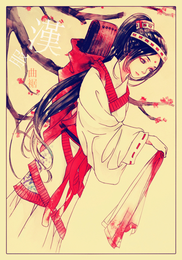 1girl black_hair blackcatbl13 blood blood_on_clothes chinese_clothes cowboy_shot eyeliner facial_mark flower forehead_mark guzheng hanfu huadian long_sleeves makeup original plum_blossoms qujupao red_eyeliner solo tree white_hanfu zither