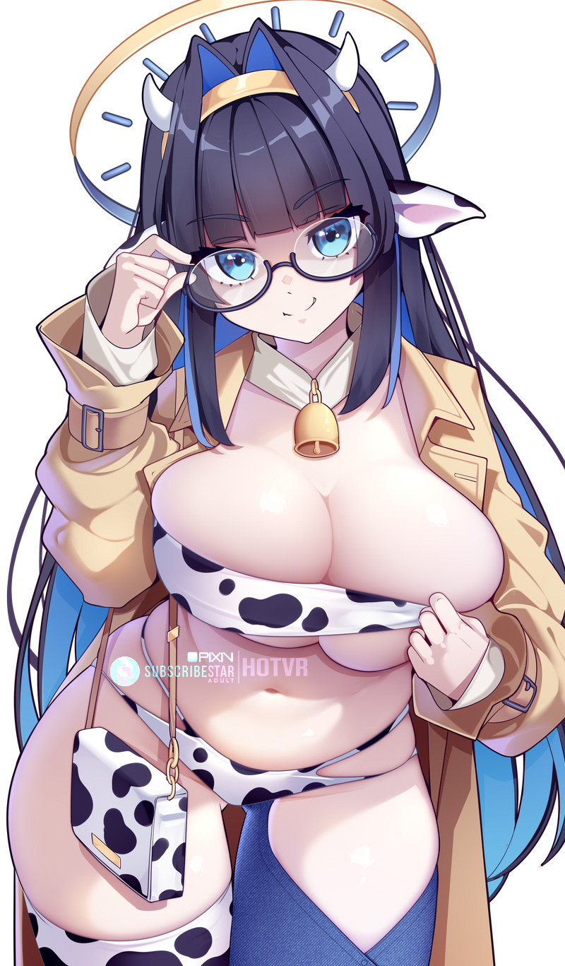 1girl adjusting_eyewear alternate_costume animal_ears animal_print artist_name asymmetrical_legwear bag bell bikini black_hair blue_eyes blue_hair breasts brown_coat cleavage closed_mouth coat commentary cow_ears cow_horns cow_print cow_print_bikini cow_print_thighhighs english_commentary fake_animal_ears fake_horns glasses hair_intakes halo handbag highres hololive hololive_english horns hot_vr large_breasts long_hair looking_at_viewer mechanical_halo mismatched_legwear multicolored_hair navel neck_bell open_clothes open_coat ouro_kronii print_bikini print_thighhighs simple_background smile solo standing swimsuit thighhighs very_long_hair virtual_youtuber white_background