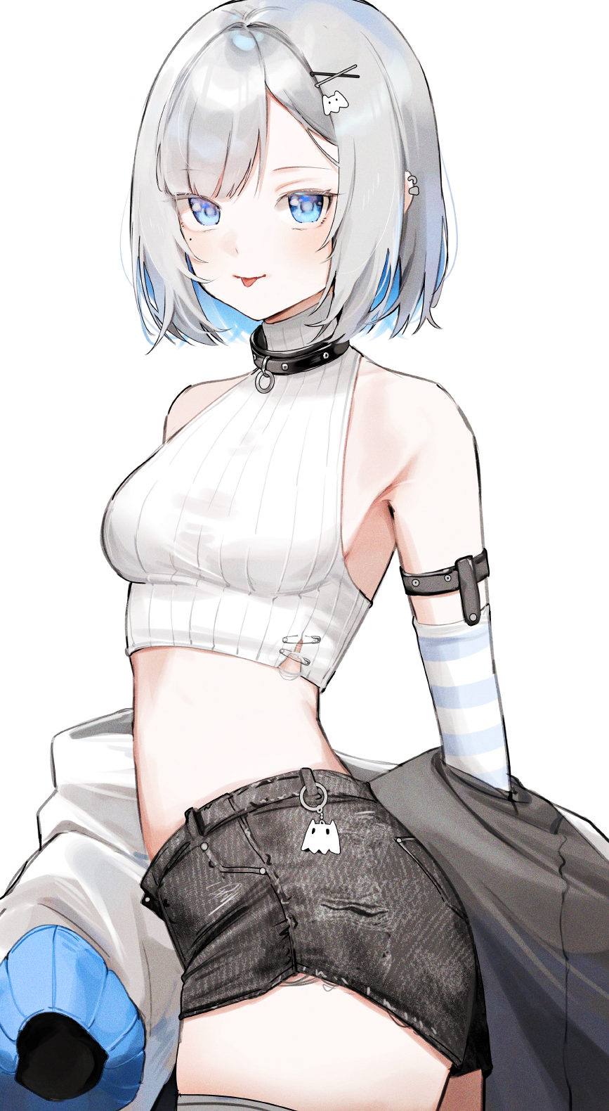 1girl arm_strap arm_warmers armpit_crease bare_shoulders blue_eyes blue_hair blue_stripes breasts choker clothes_down colored_inner_hair cowboy_shot cropped_shirt ear_piercing from_side ghost_hair_ornament grey_hair hair_ornament highres jacket kaga_sumire light_blush looking_at_viewer medium_breasts midriff mixed-language_commentary mole mole_under_eye multicolored_hair nakony o-ring o-ring_choker off_shoulder piercing ribbed_shirt shirt short_hair short_shorts shorts sidelocks simple_background skindentation sleeveless sleeveless_shirt solo striped_arm_warmers thighs tongue tongue_out turtleneck turtleneck_shirt virtual_youtuber vspo! white_arm_warmers white_background x_hair_ornament