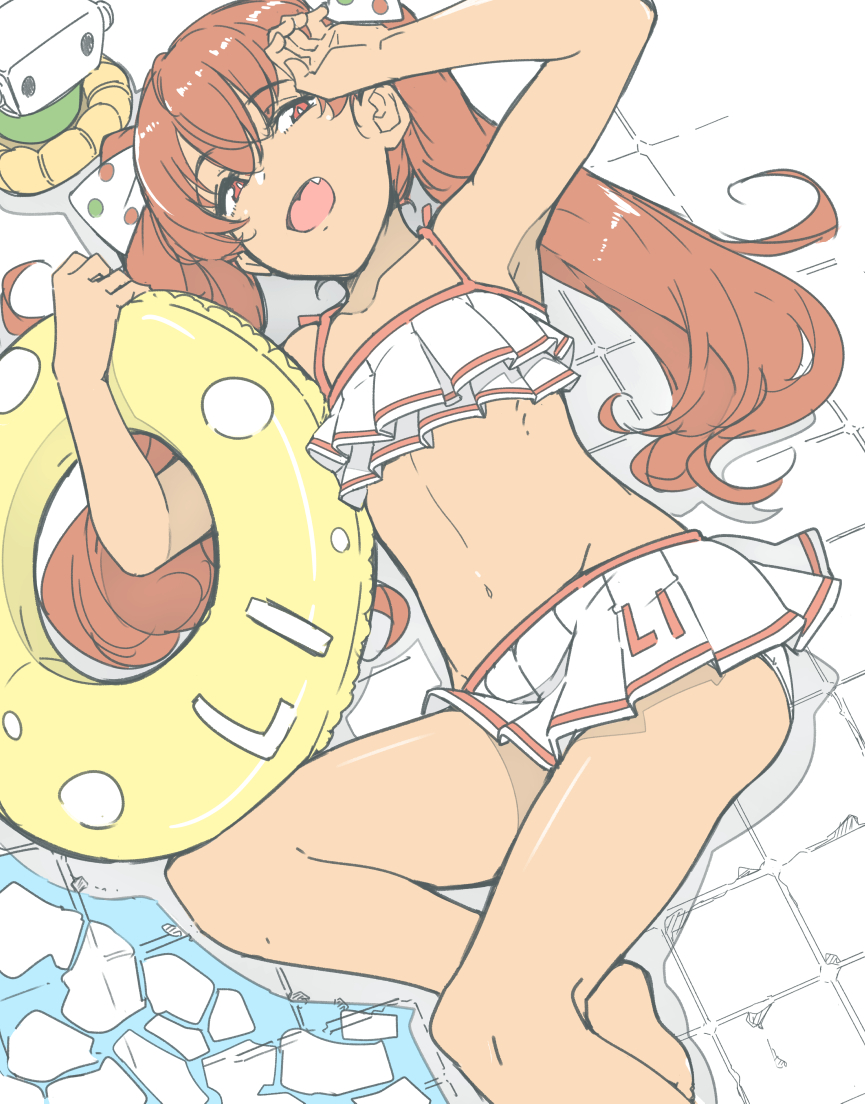 1girl bikini brown_eyes brown_hair fang frilled_bikini frills hair_between_eyes hair_ribbon holding holding_swim_ring innertube kantai_collection libeccio_(kancolle) libeccio_(swimsuit)_(kancolle) long_hair lying ninimo_nimo on_back on_floor polka_dot polka_dot_ribbon ribbon solo swim_ring swimsuit tan tile_floor tiles twintails white_bikini