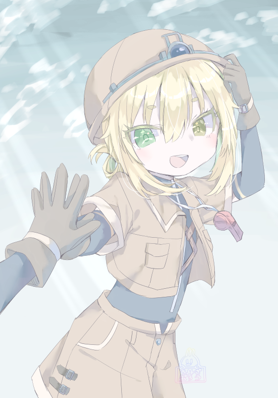 1boy 1other black_track_suit blonde_hair brown_gloves brown_helmet brown_jacket brown_shorts colored_eyelashes gloves green_eyes hair_between_eyes helmet heterochromia jacket light looking_at_viewer made_in_abyss open_clothes open_jacket open_mouth outdoors pov pov_hands short-sleeved_jacket short_sleeves shorts sidelocks signature smile solo_focus teeth tiare_(made_in_abyss) track_suit umizaburou upper_teeth_only whistle whistle_around_neck yellow_eyes