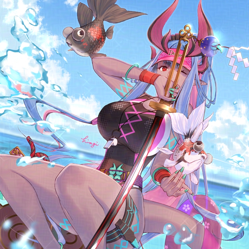 1girl bare_shoulders black_one-piece_swimsuit blue_hair blue_sky body_markings bracelet breasts cleavage collarbone colored_skin covered_navel fate/grand_order fate_(series) fish goldfish grey_skin hat highleg highleg_one-piece_swimsuit hiiragi_(karashriker) horns ibuki_douji_(fate) ibuki_douji_(swimsuit_berserker)_(fate) ibuki_douji_(swimsuit_berserker)_(first_ascension)_(fate) innertube jewelry katana large_breasts long_hair looking_at_viewer multicolored_hair ocean one-piece_swimsuit one_eye_closed oni pink_hair pink_hat pink_one-piece_swimsuit pointy_ears ponytail red_eyes sidelocks sky solo swim_ring swimsuit sword tail thigh_strap thighs two-tone_swimsuit visor_cap water weapon whistle whistle_around_neck wristband