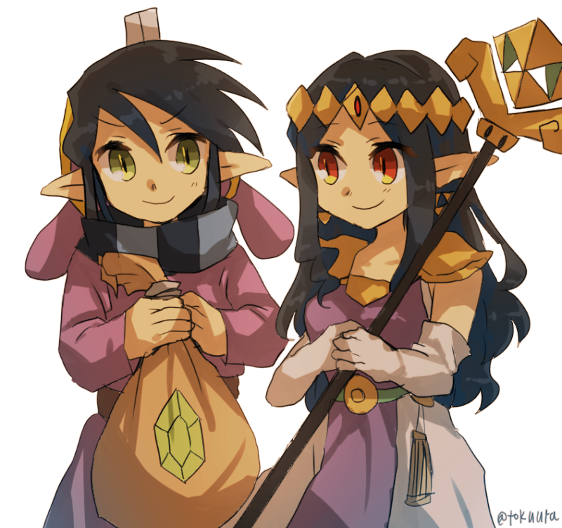 1boy 1girl animal_hood armor black_hair black_scarf closed_mouth commentary_request cowboy_shot dress earrings elbow_gloves gloves green_eyes holding holding_staff hood jewelry long_hair looking_at_another looking_at_viewer money_bag nintendo pauldrons pointy_ears princess_hilda purple_dress purple_robe rabbit_hood ravio red_eyes robe rupee_(zelda) scarf short_hair shoulder_armor sidelocks simple_background smile spoilers staff the_legend_of_zelda the_legend_of_zelda:_a_link_between_worlds tiara tokuura twitter_username two-tone_dress white_background white_dress white_gloves