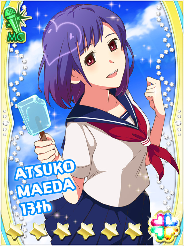 1girl :d akb0048 blue_sailor_collar blue_skirt card_(medium) character_name cowboy_shot food from_side heart holding holding_food holding_ice_cream ice_cream ice_cream_bar looking_at_viewer maeda_atsuko_(akb0048) medium_hair neckerchief non-web_source official_art open_mouth outdoors pleated_skirt purple_eyes purple_hair red_neckerchief sailor_collar school_uniform serafuku shirt short_sleeves skirt smile solo sparkle standing star_(symbol) summer teeth upper_teeth_only white_shirt