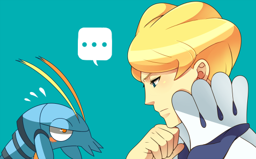... 1boy blonde_hair blue_background blue_eyes clauncher closed_mouth flying_sweatdrops gen_6_pokemon himari_g_(sr) looking_at_another lowres male_focus nintendo pokemon pokemon_(creature) pokemon_xy short_hair siebold_(pokemon) simple_background spoken_ellipsis thinking