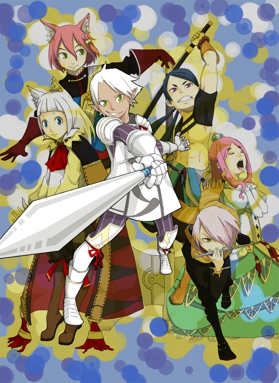 7th_dragon 7th_dragon_(series) animal_ears cat_ears cat_girl female_focus fighter_(7th_dragon) harukara_(7th_dragon) healer_(7th_dragon) highres ikurakun_(7th_dragon) mage_(7th_dragon) multiple_girls rogue_(7th_dragon) white_hair